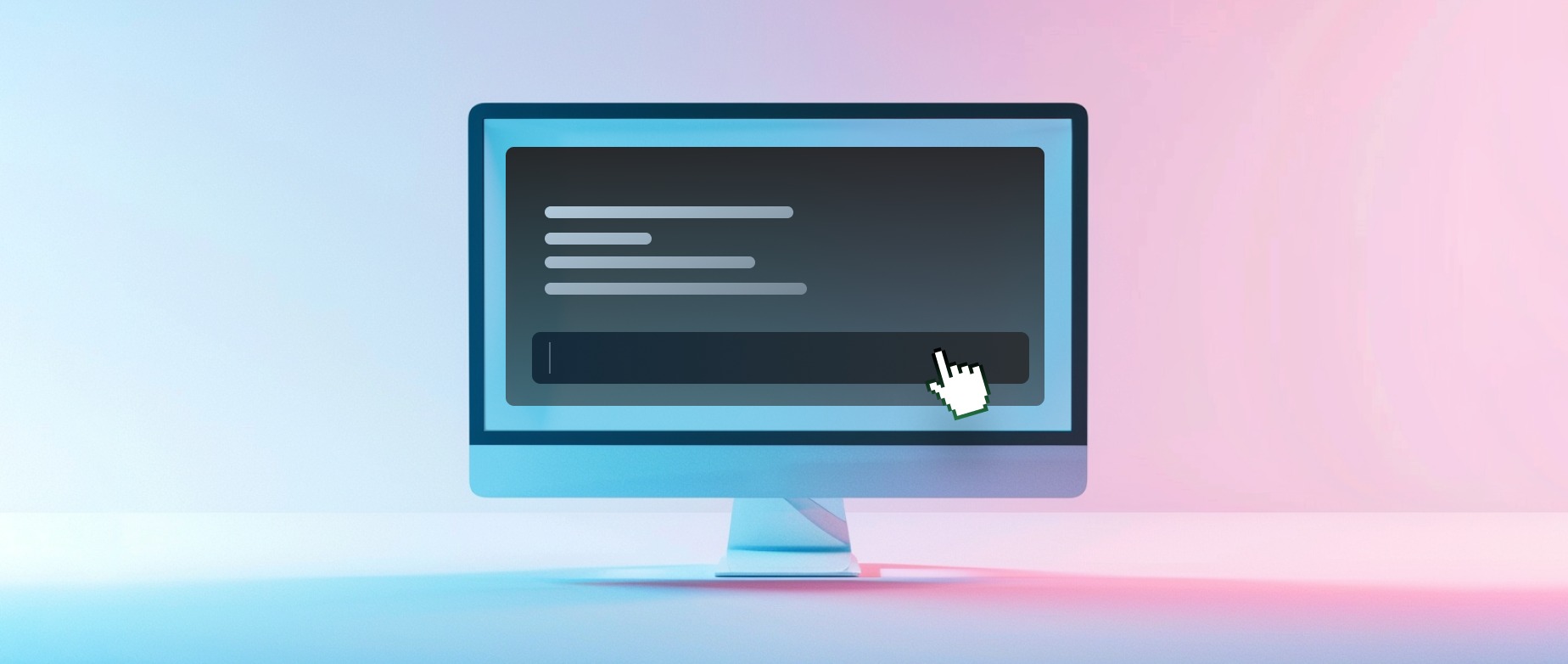 A computer screen with a cursor over it on a blue and pink background.