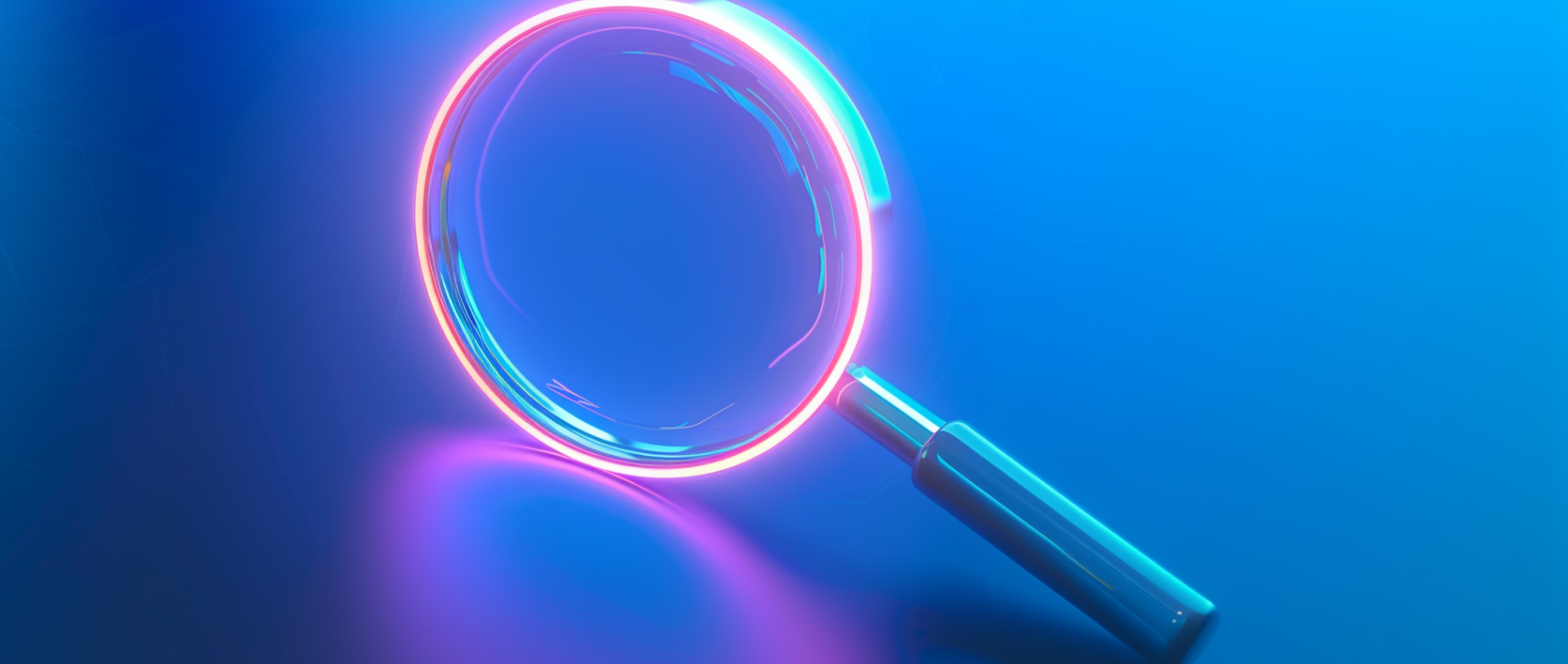 A magnifying glass with a pink rim on a dark blue background.