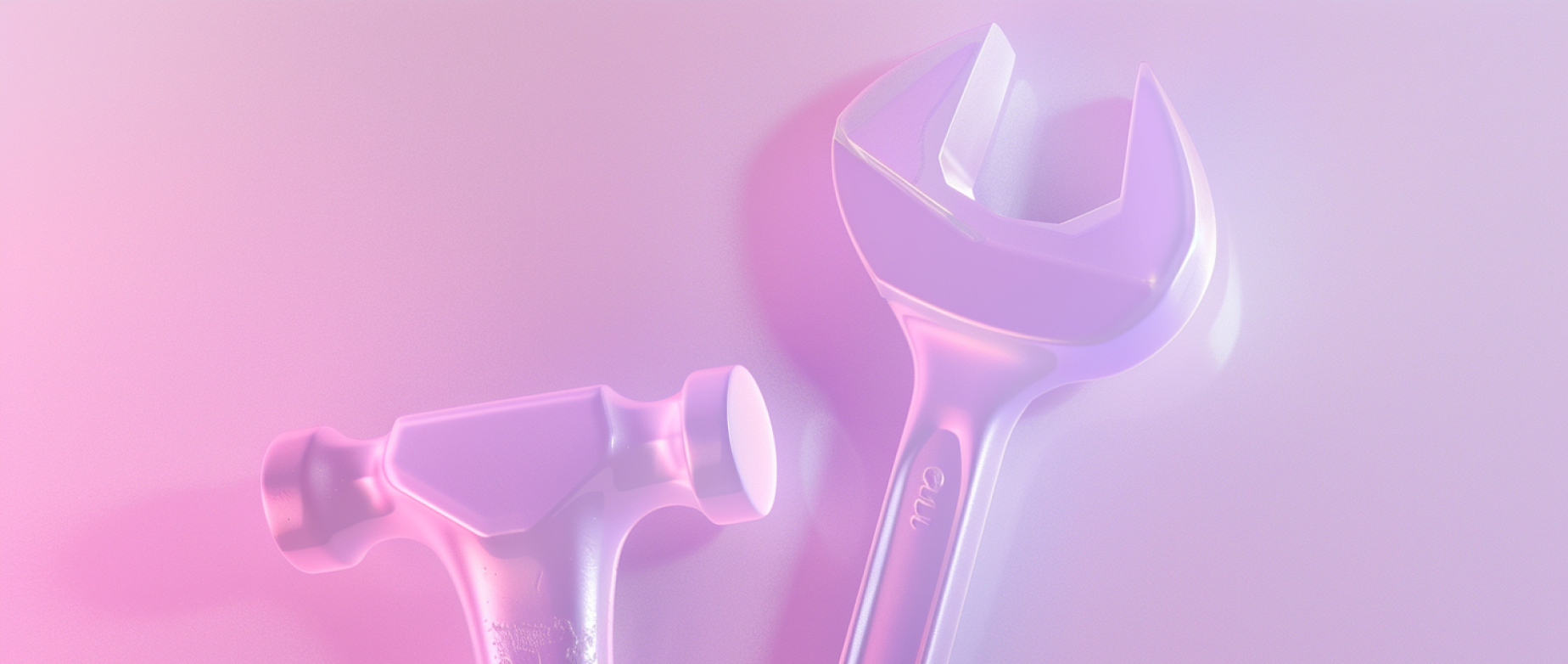 A hammer and wrench on a pink background.