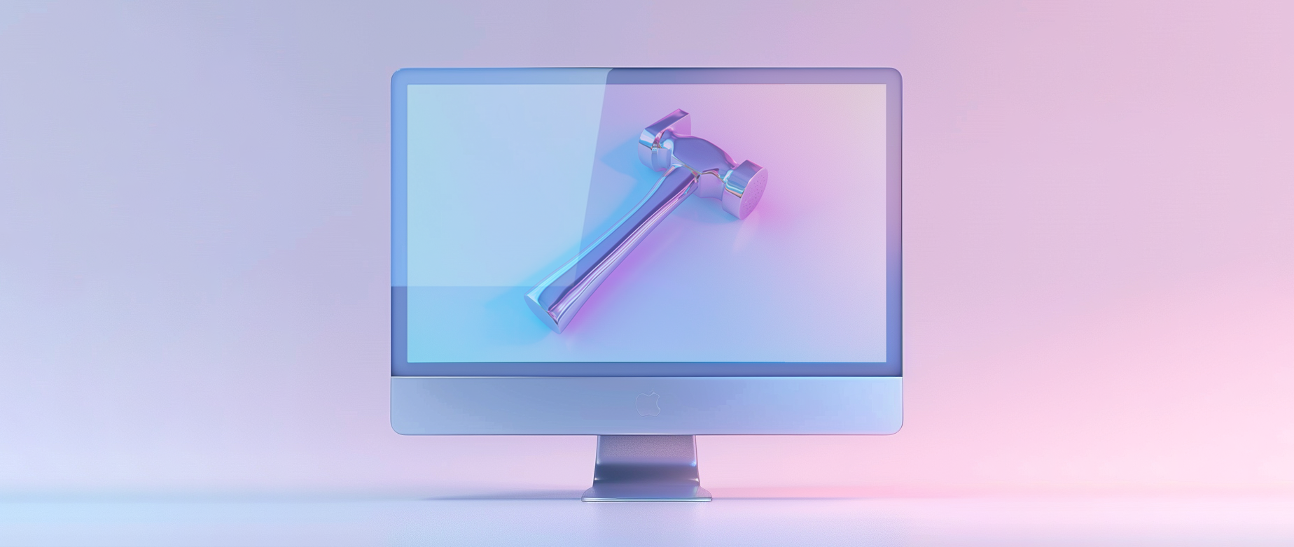 A computer monitor with a hammer on the screen.