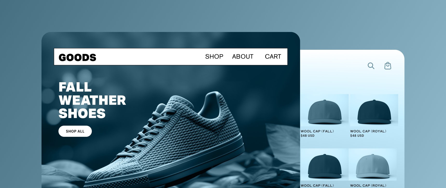 Panels of a shopping website featuring shoes and hats on a blue background.