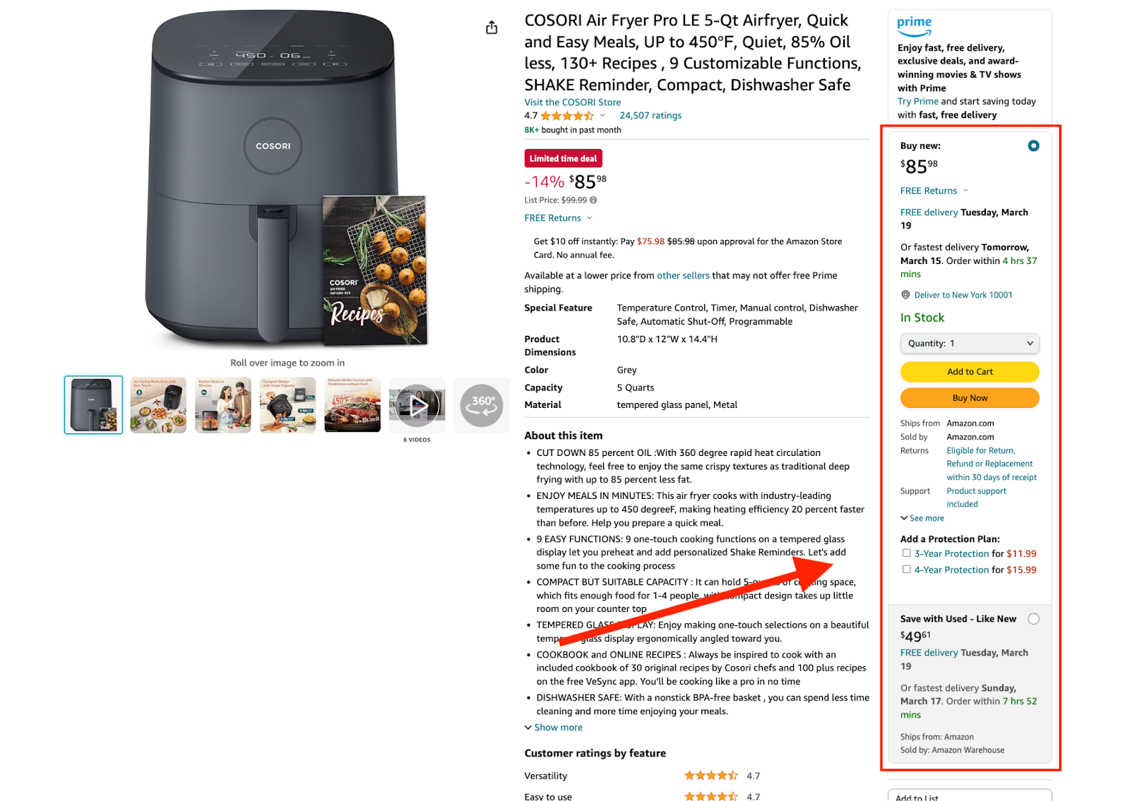 An Amazon product listing for an air fryer includes the option to checkout with a featured seller.