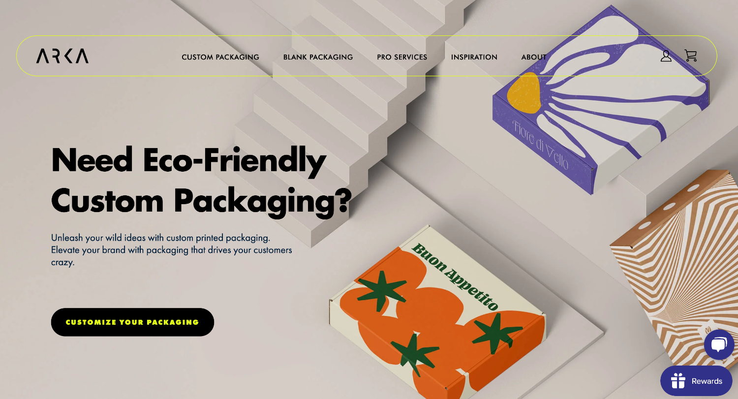 Website homepage for packaging brand Arka