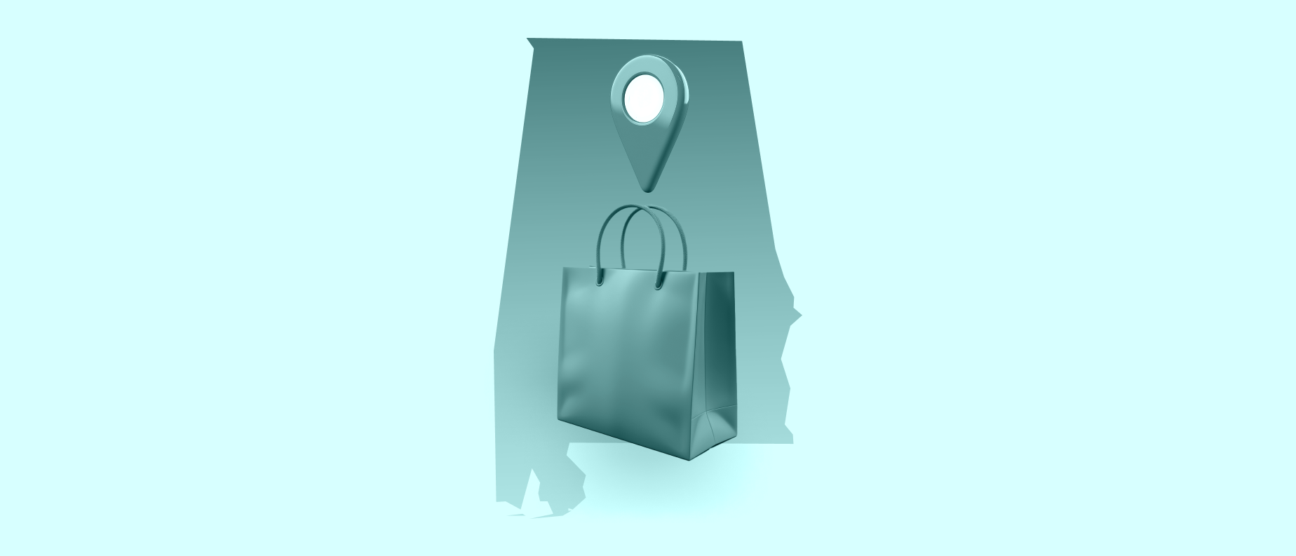 A blue outline of the state of Alabama with a shopping bag and location icon on a light blue background.