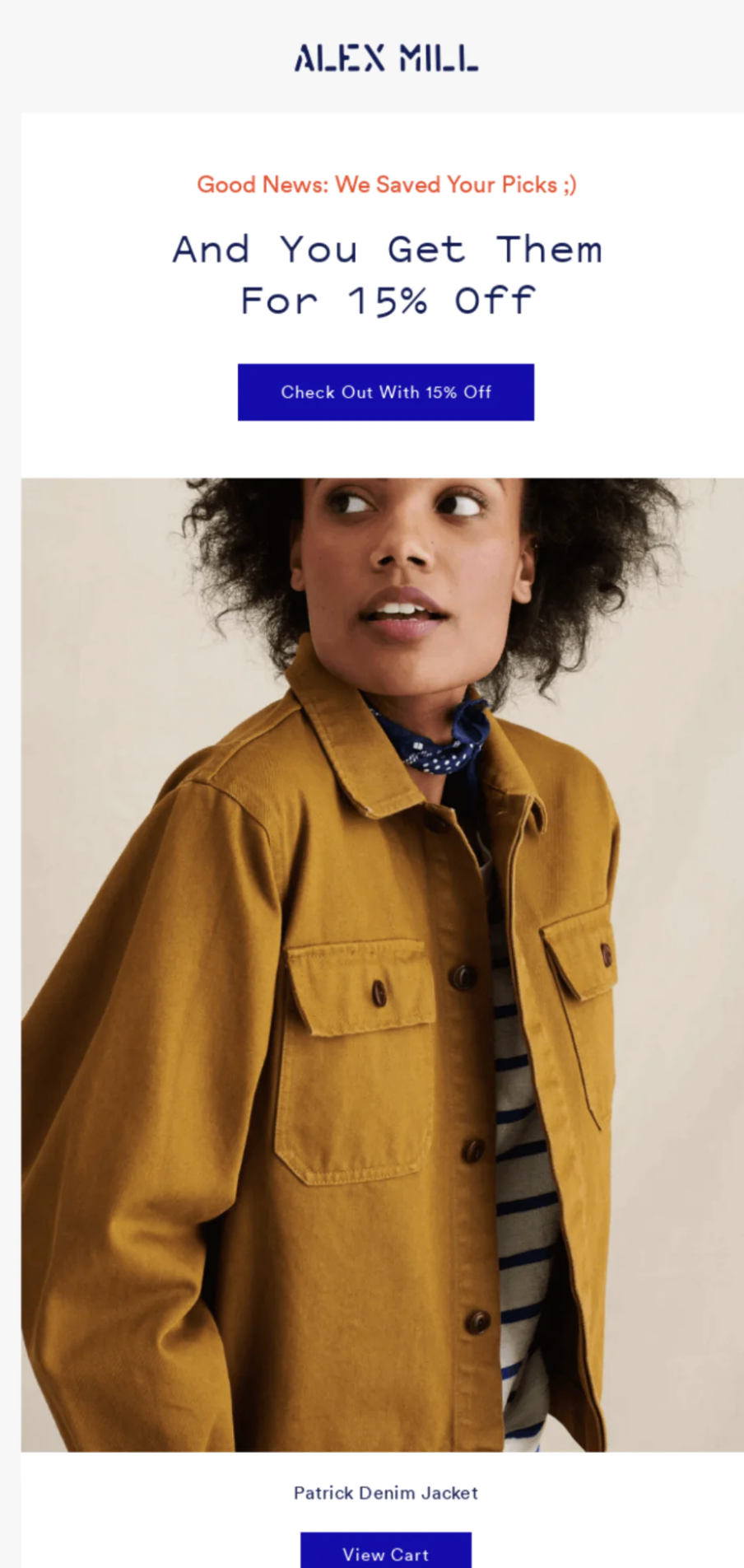 An Alex Mill email with a 15% off button above a picture of a woman