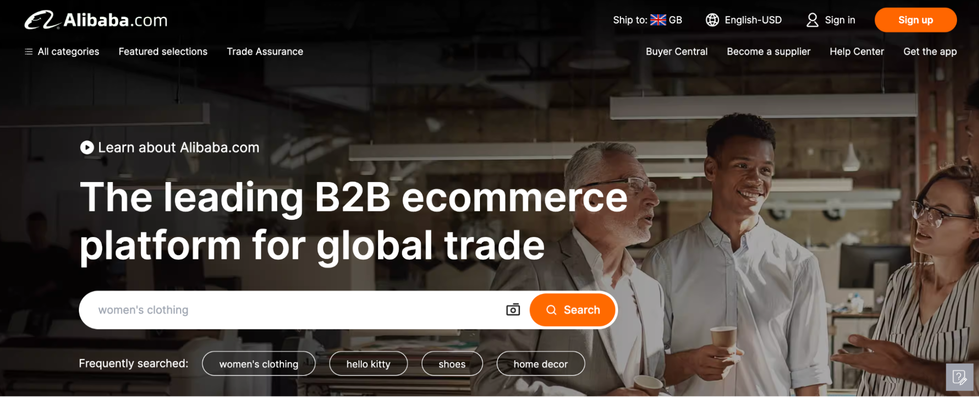 Alibaba’s homepage with the headline, “The leading B2B ecommerce platform for global trade.”