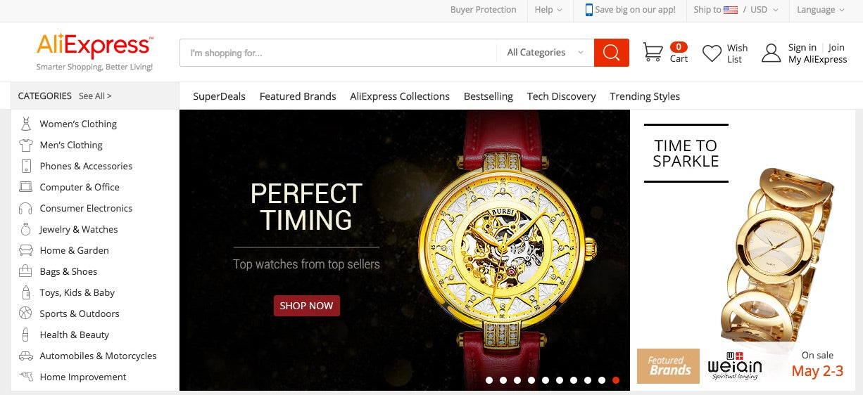 Homepage di AliExpress