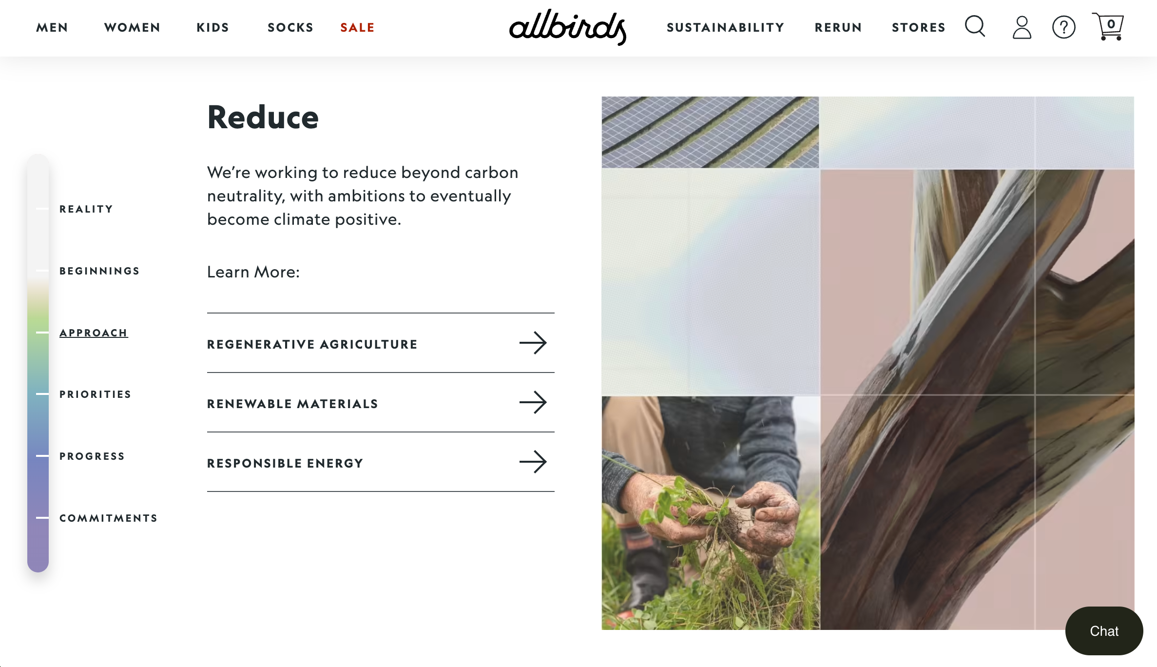 Allbirds页面显示一个人双手握着青草，以及一些可持续发展理念的文字