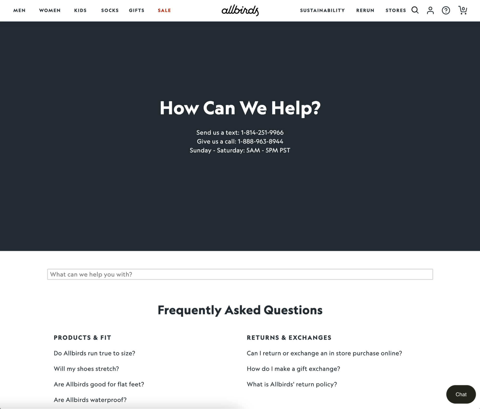 Image of Allbirds contact page with links to FAQs