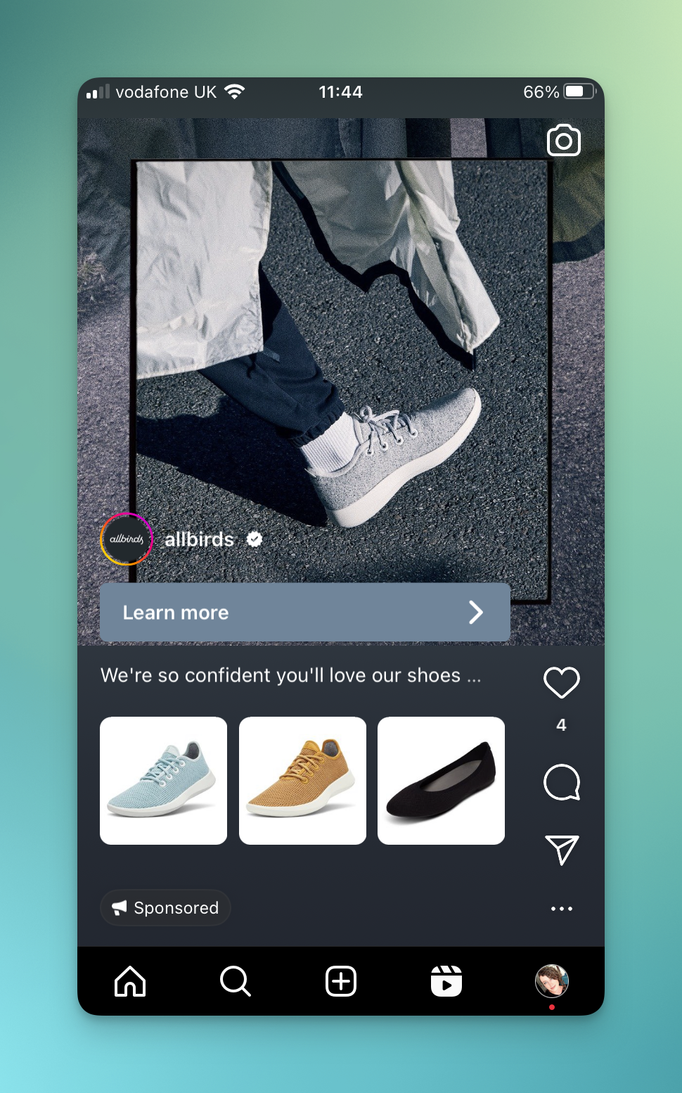 An Instagram Reels ad from Allbirds featuring a person wearing a gray pair of trainers and three thumbnail images of other shoes