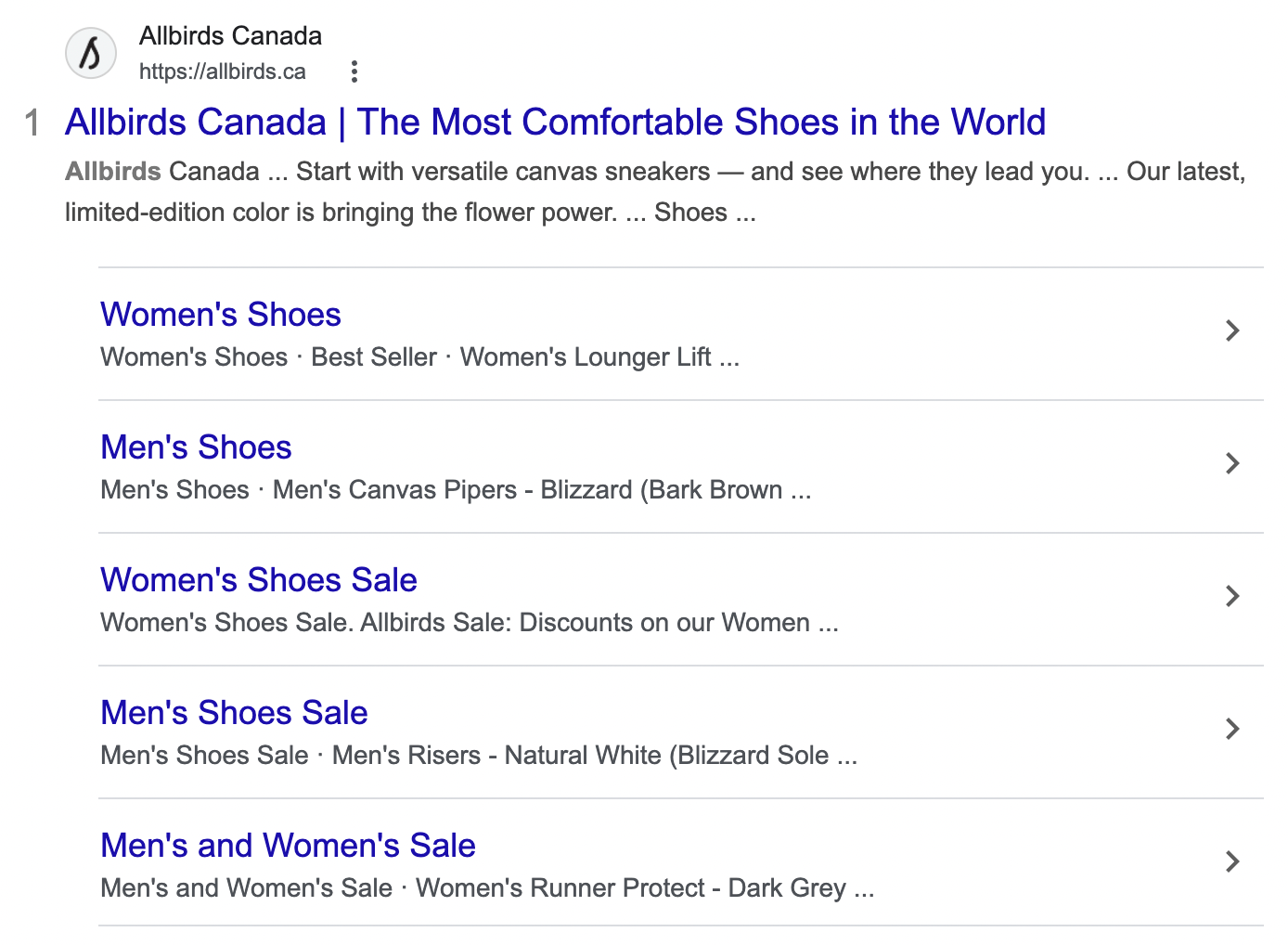 Example of site links from All Birds’ Canadian website