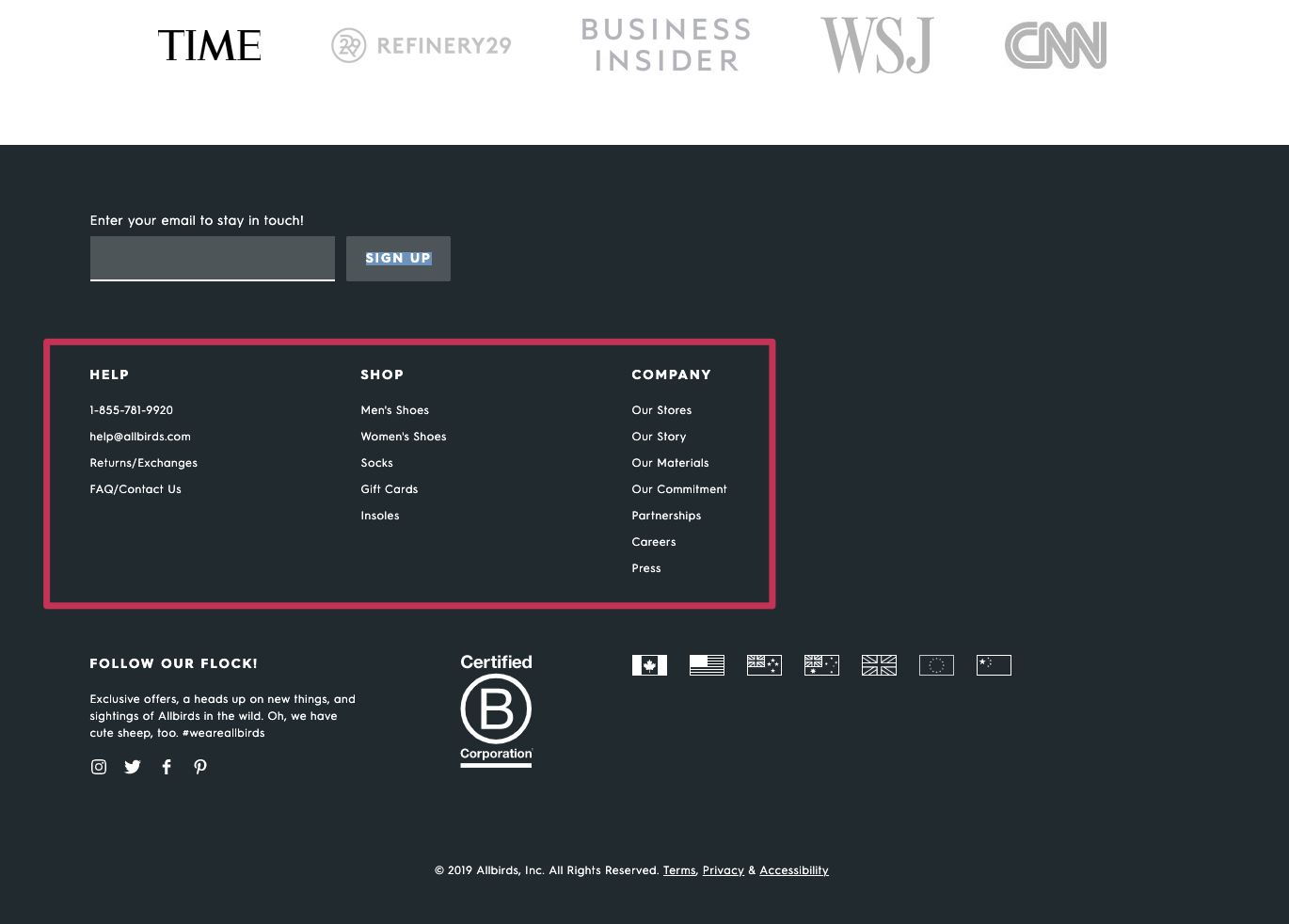 allbirds footer navigation