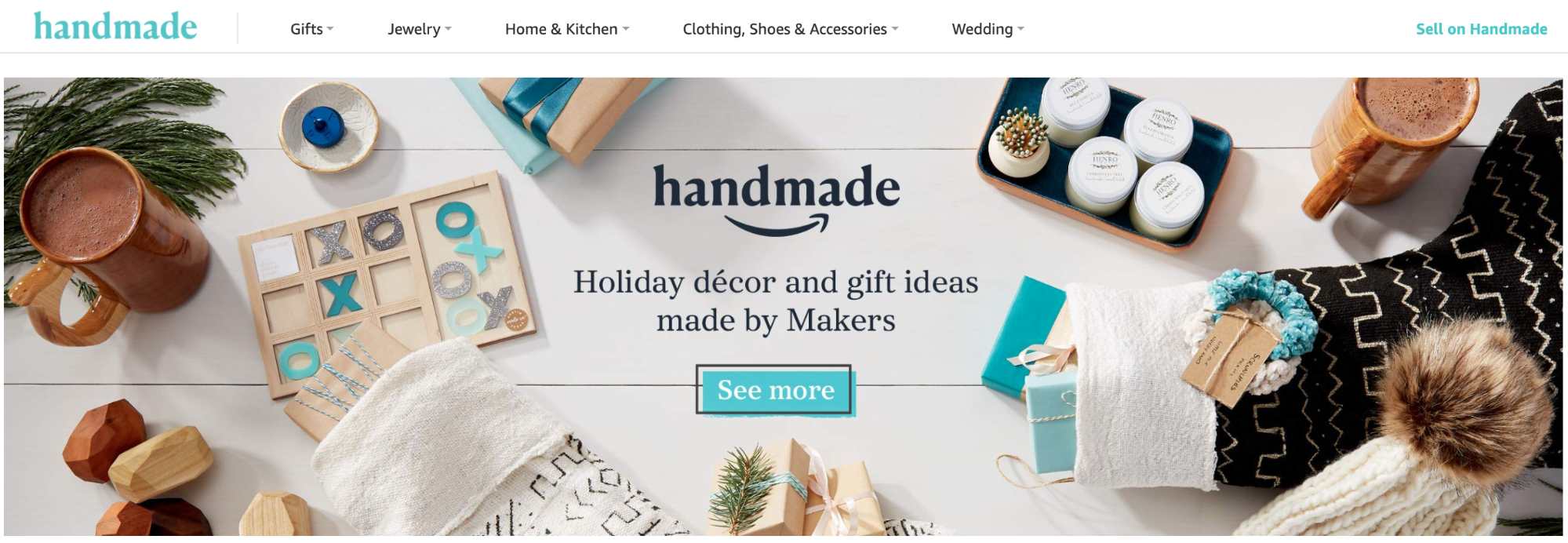 Screenshot of a hero image for Amazon Handmade, featuring a selection of handmade holiday gifts.