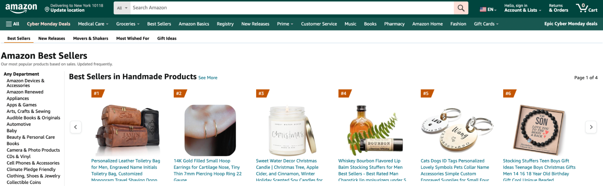 Screenshot of Amazon’s Best Sellers in the handmade products category, including images of a leather toiletry bag, a Christmas candle, and a personalized pet tags.