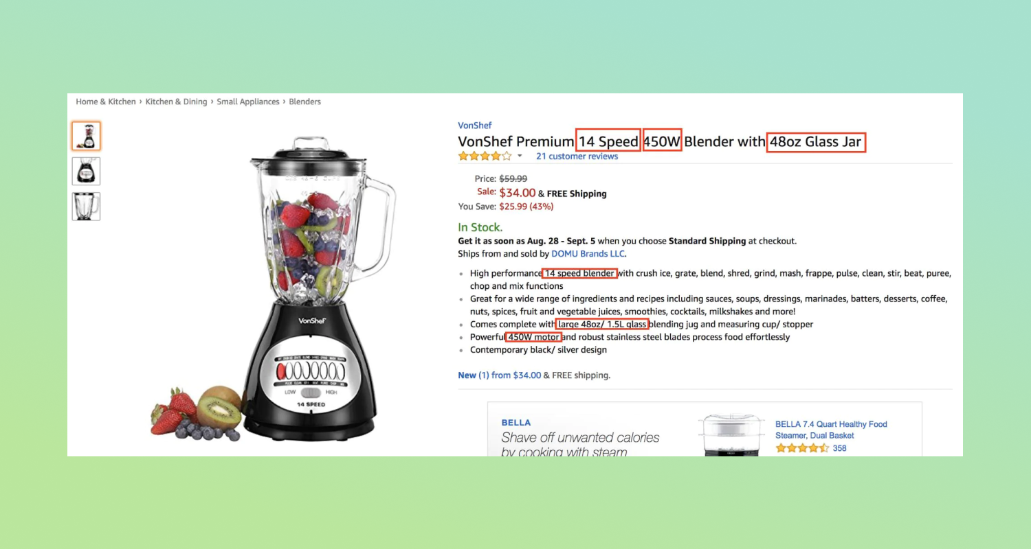 Amazon listing for a blender with LSI keywords highlighted.