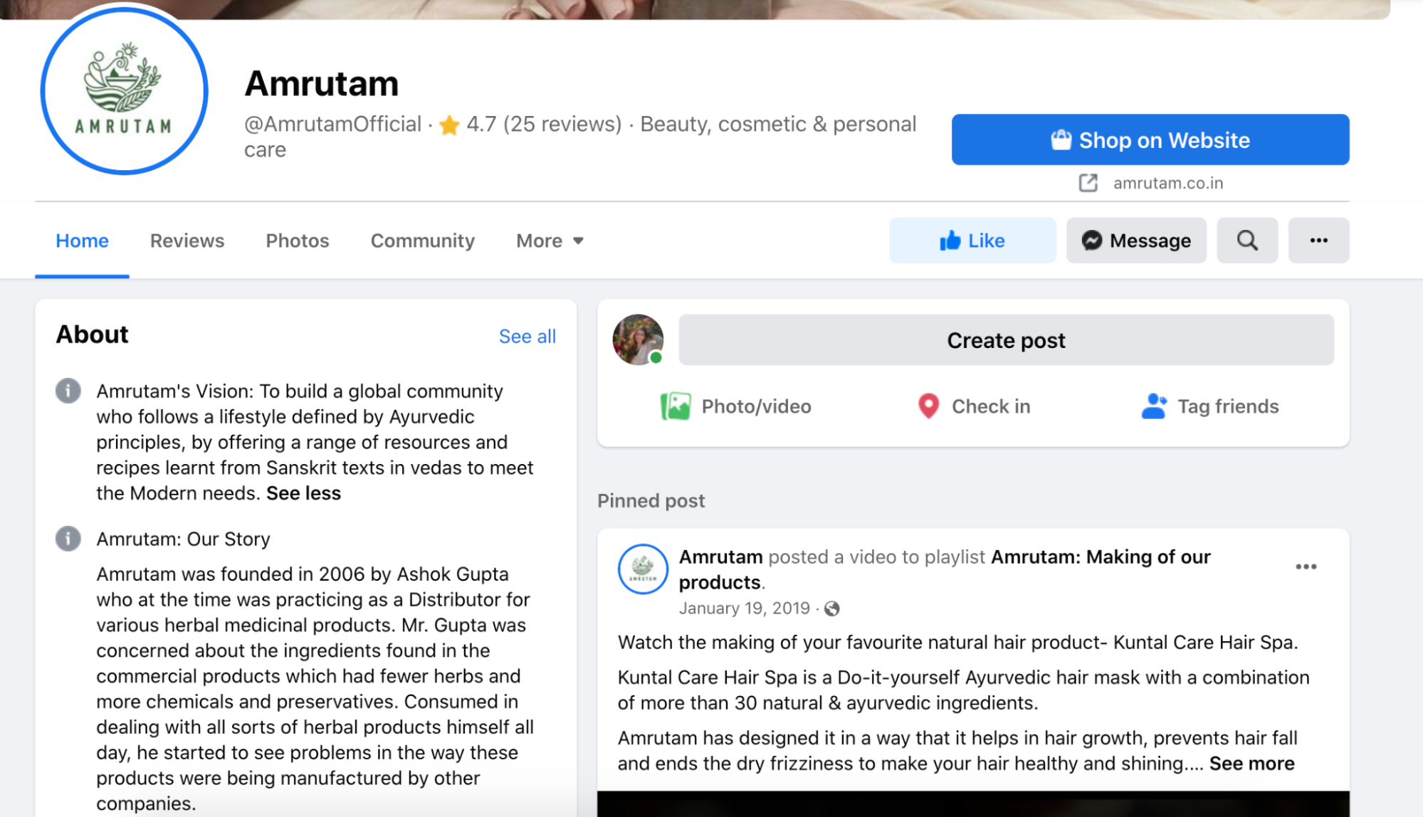 Facebook profile for Amrutam that shares the brand’s story and vision.