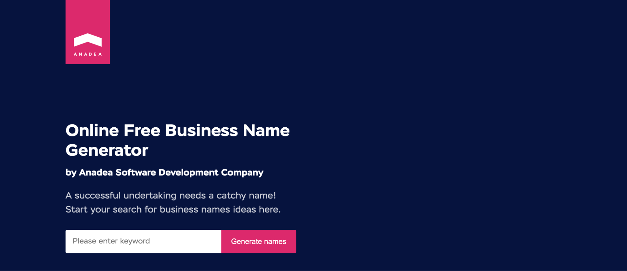 Anadea free business name generator with search bar and button to generate names.
