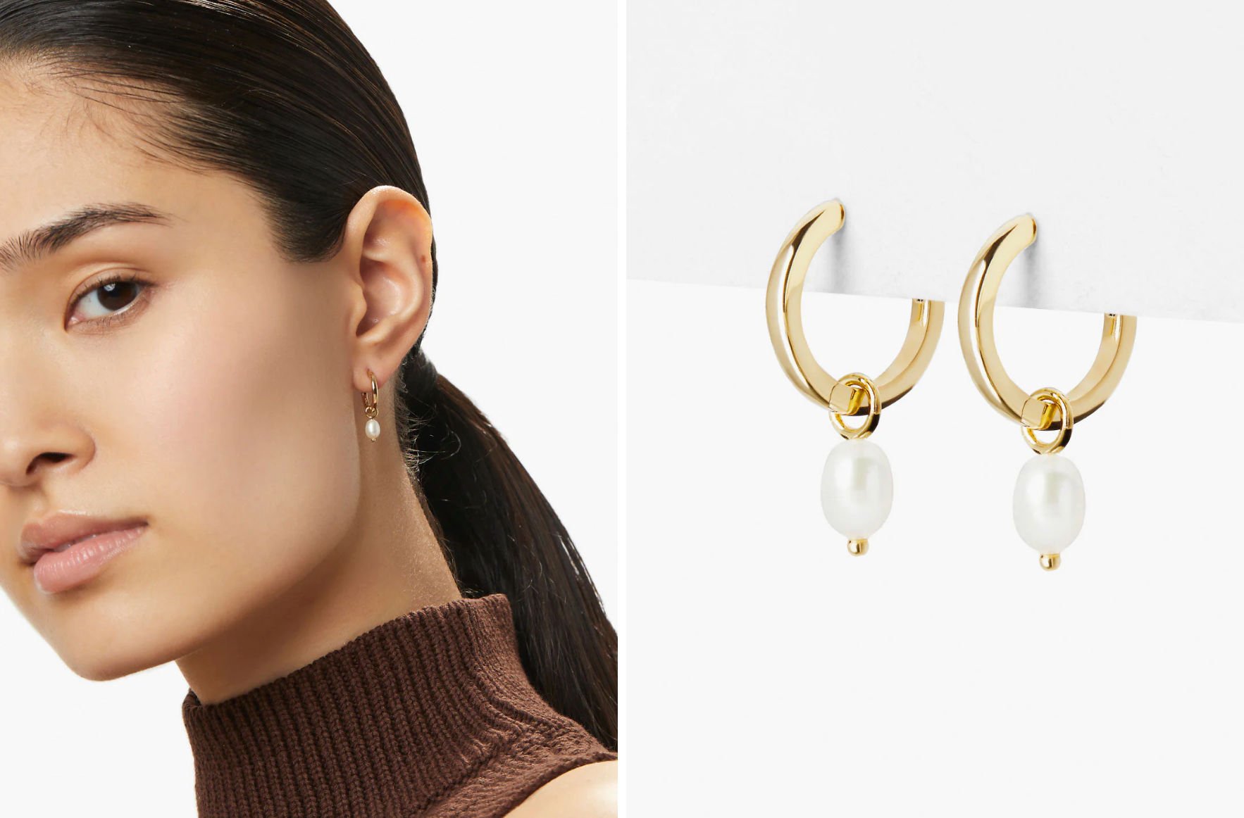 Side by side product images of the same earrings on a model and against a white background