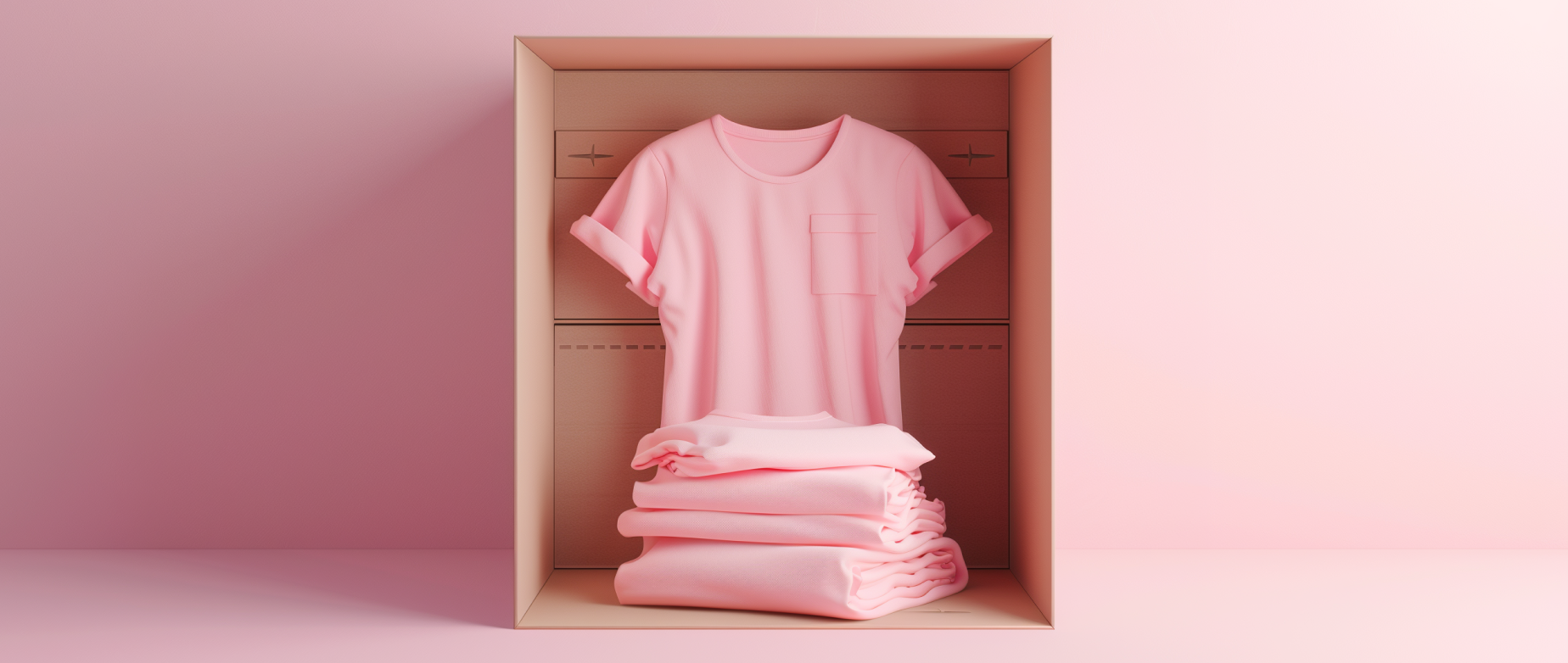 pink shirt inside a shipping box representing apparel fulfillment