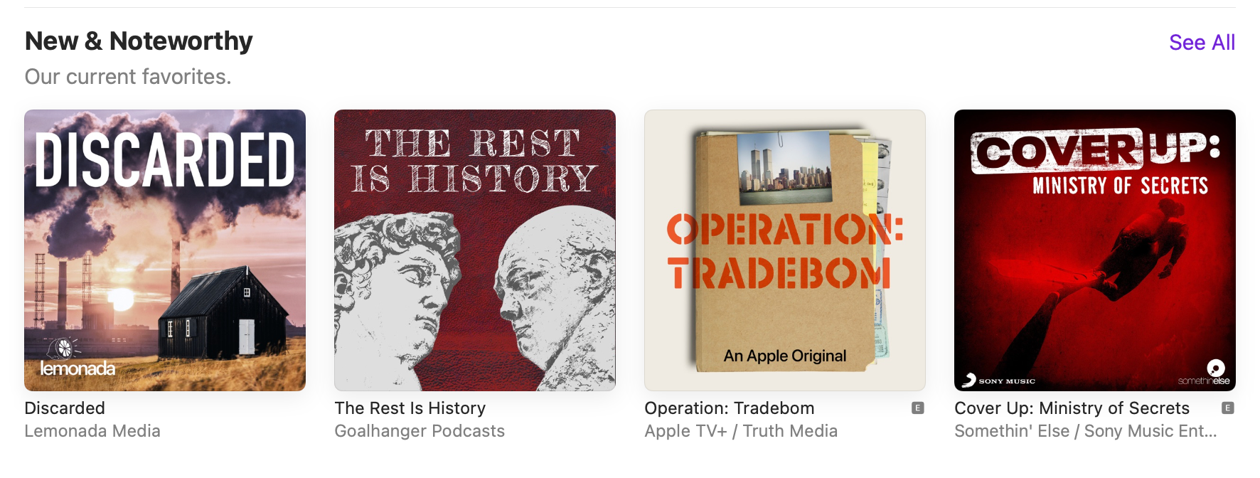 A sample of Apple podcast's new and noteworthy podcast module