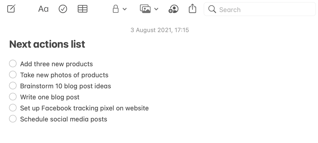 Image of a quick to-do list in Apple Notes