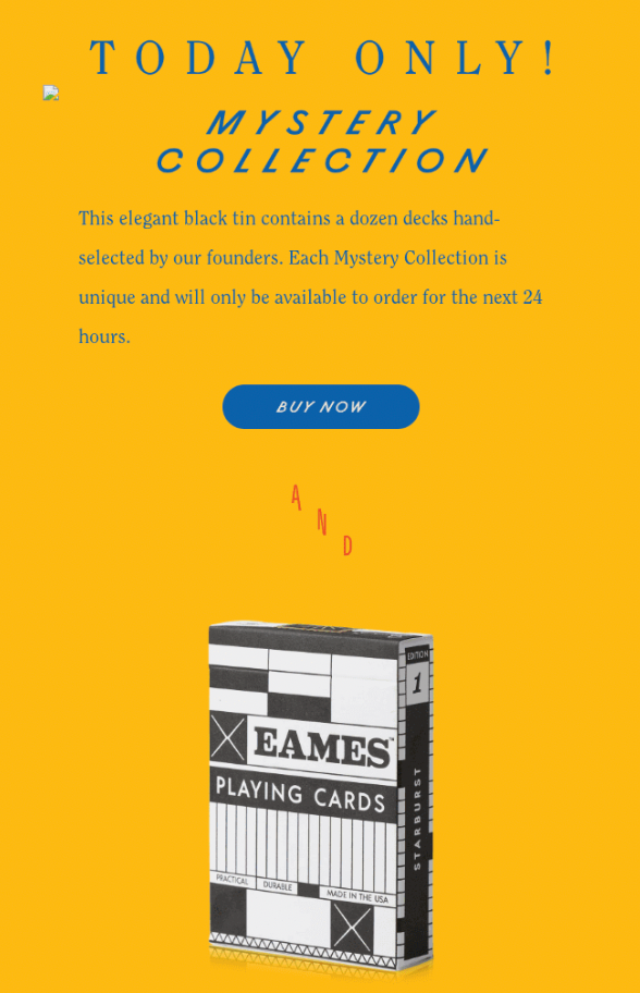 Email fromArt of Play promoting a mystery collection with an illustrated package of a deck of cards.