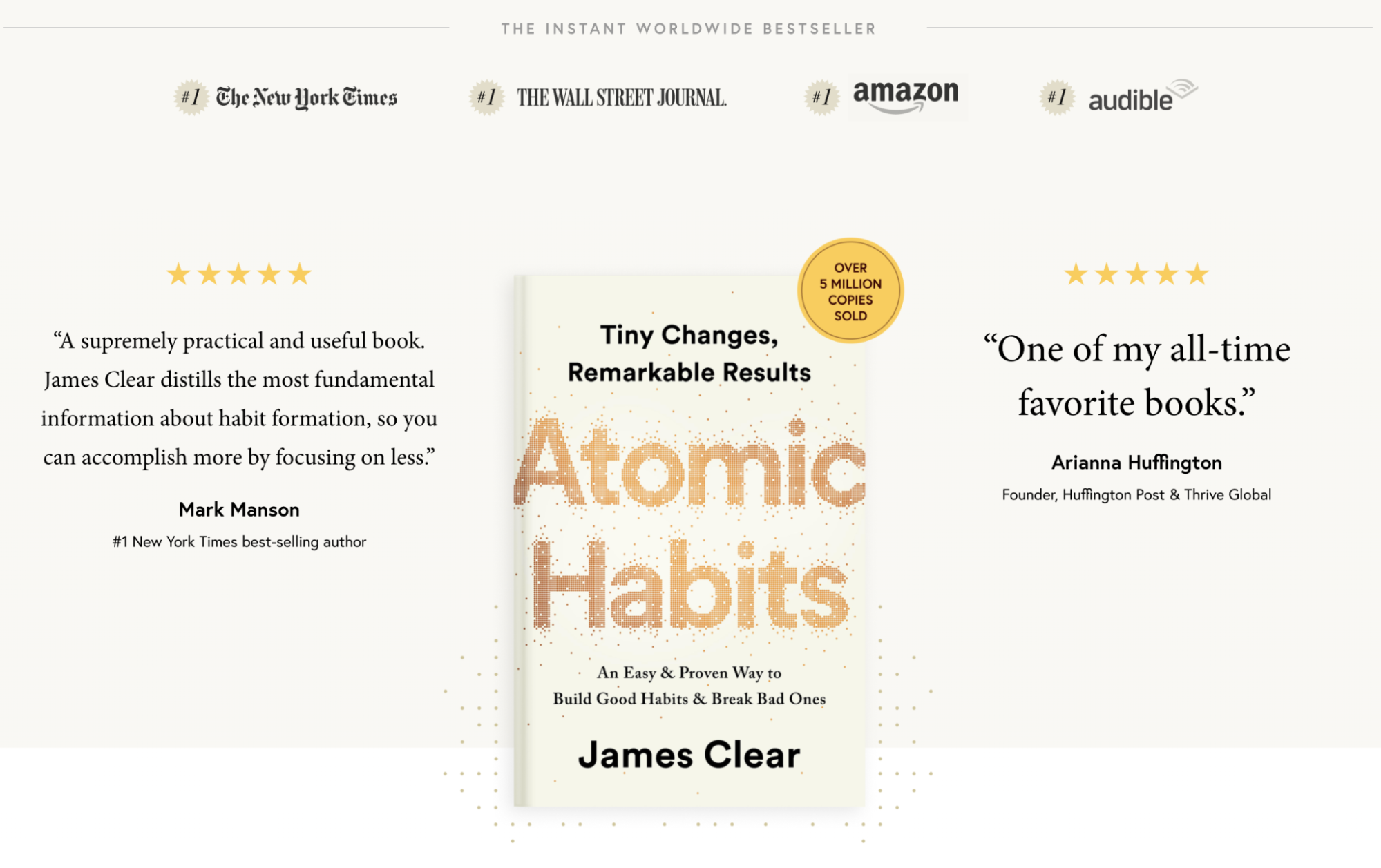 The landing page for Atomic Habits with five-star reviews from Mark Manson and Arianna Huffington