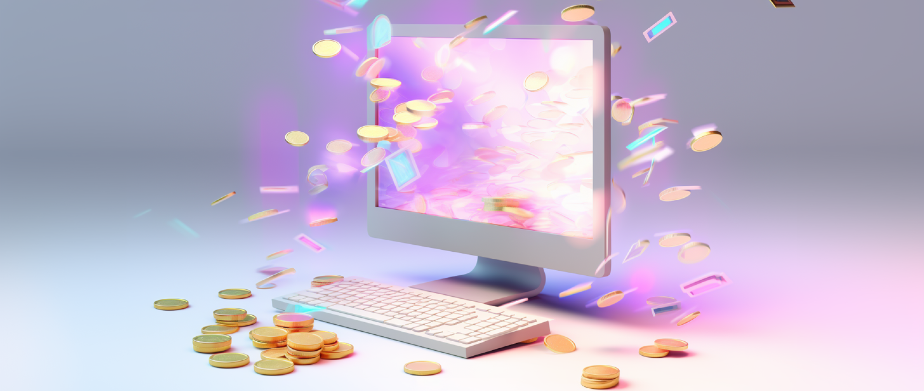 A computer monitor with gold coins exploding from the screen.