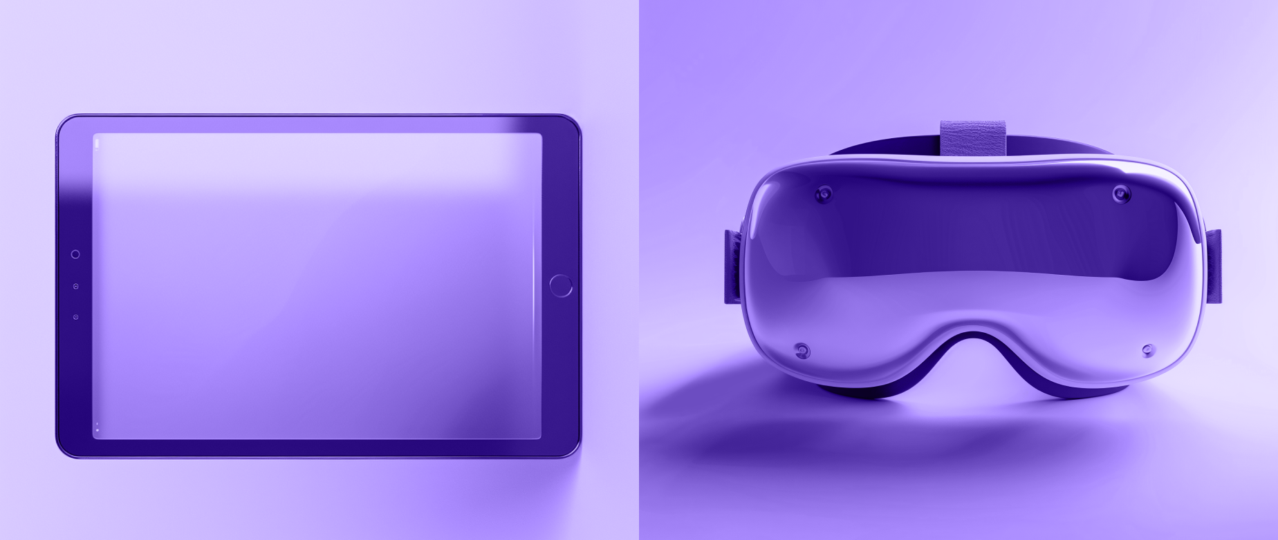 A split purple image with a tablet next to a VR headset.