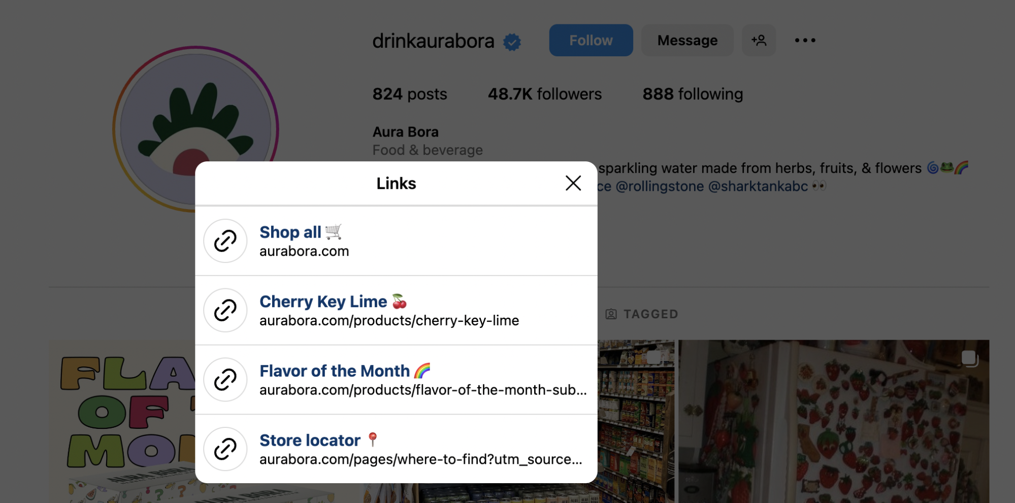 Screenshot of the links from Aura Bora’s Instagram bio. Links direct shoppers to the brand’s online store, its flavor of the month, and a store locator.