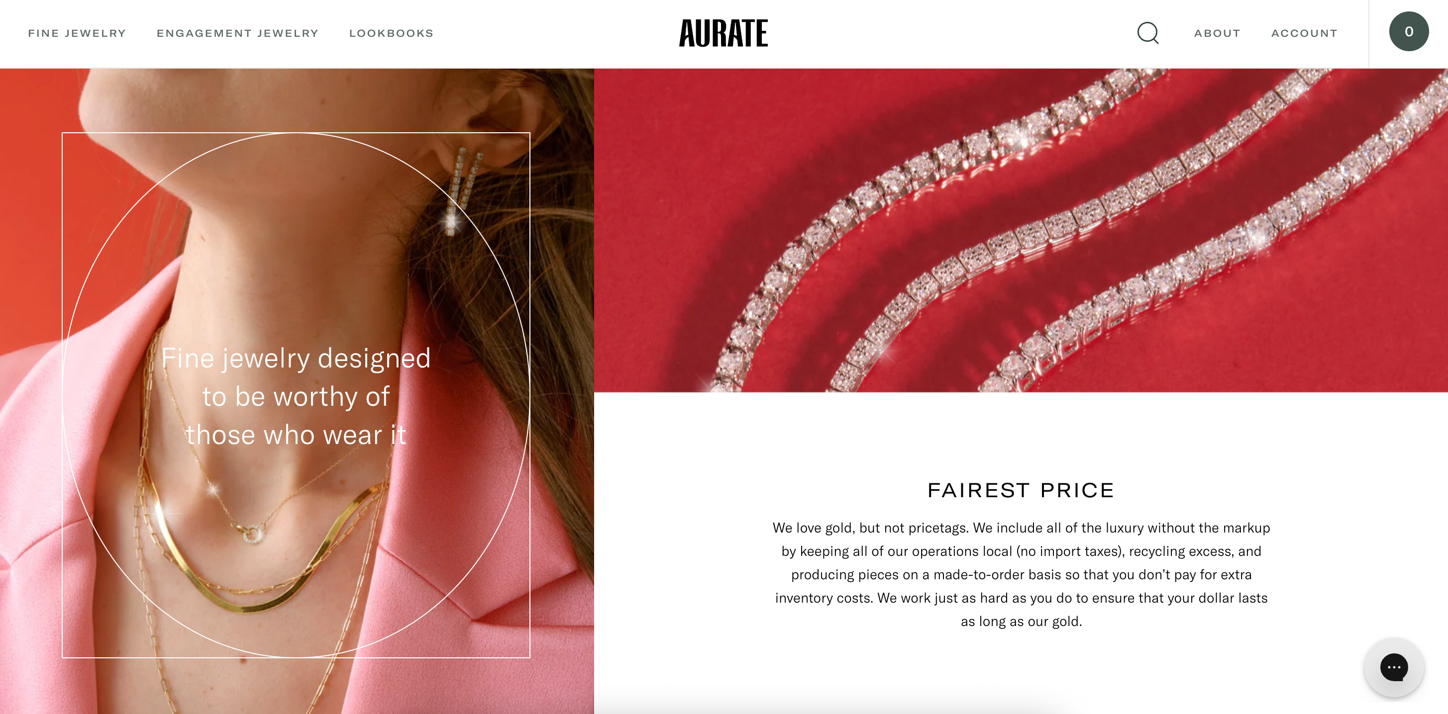 The Aurate home pages showing a woman wearing necklaces next to a photo of lab grown diamond tennis bracelets