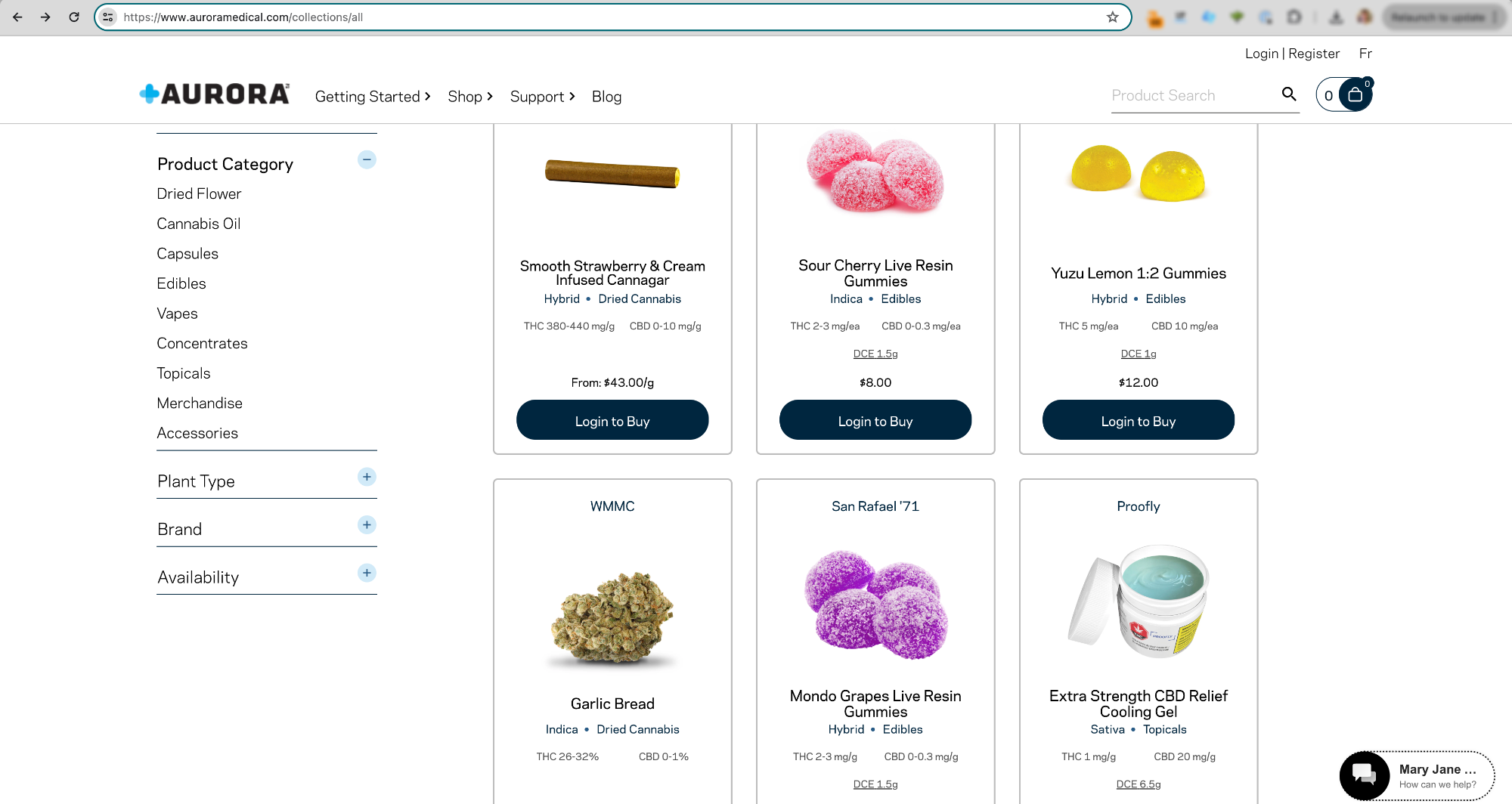 Product page with a selection of CBD products including flowers, gummies, and gels.