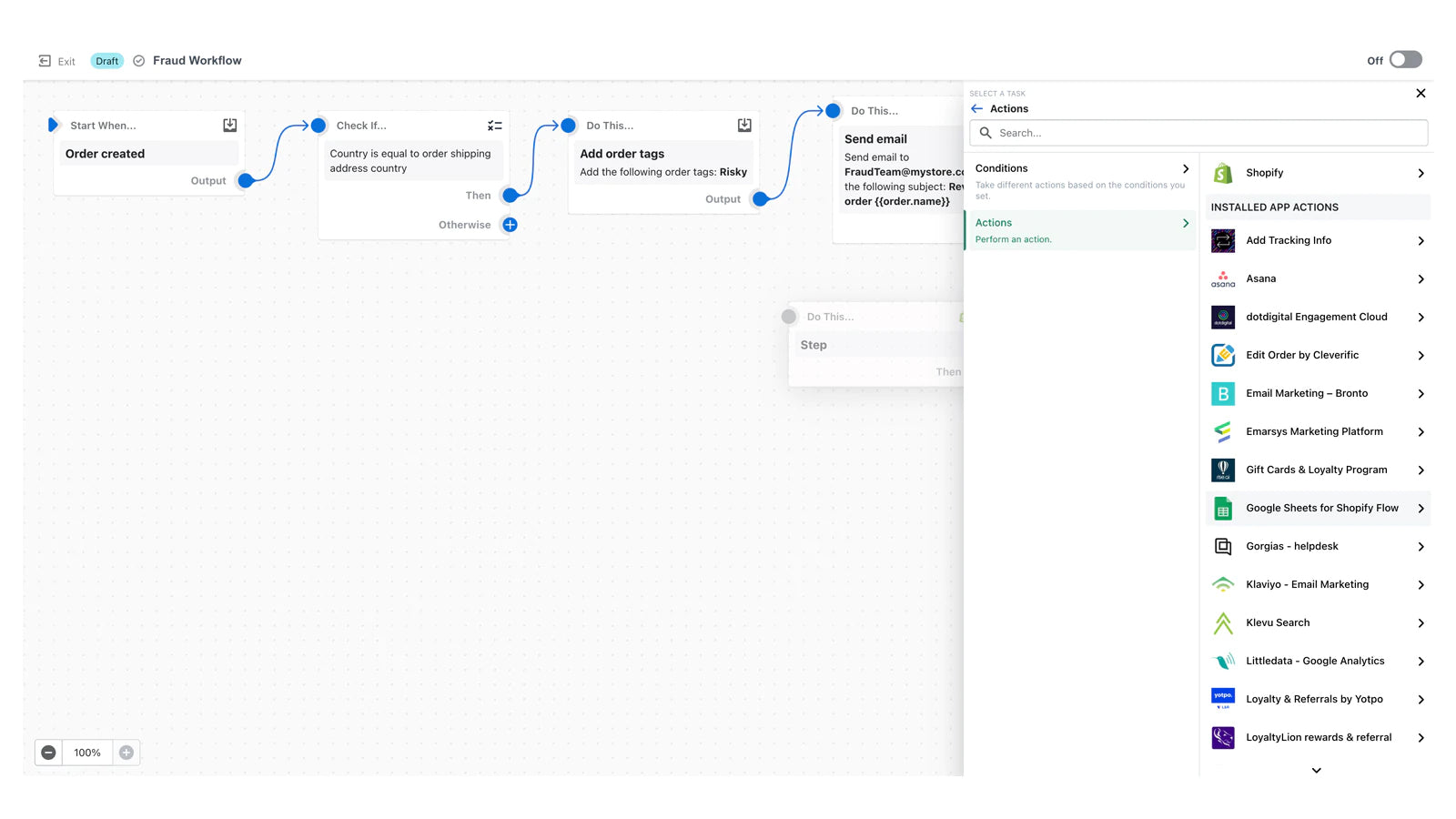 Screengrab demonstrating a flow functionality of Shopify Flow automation tool