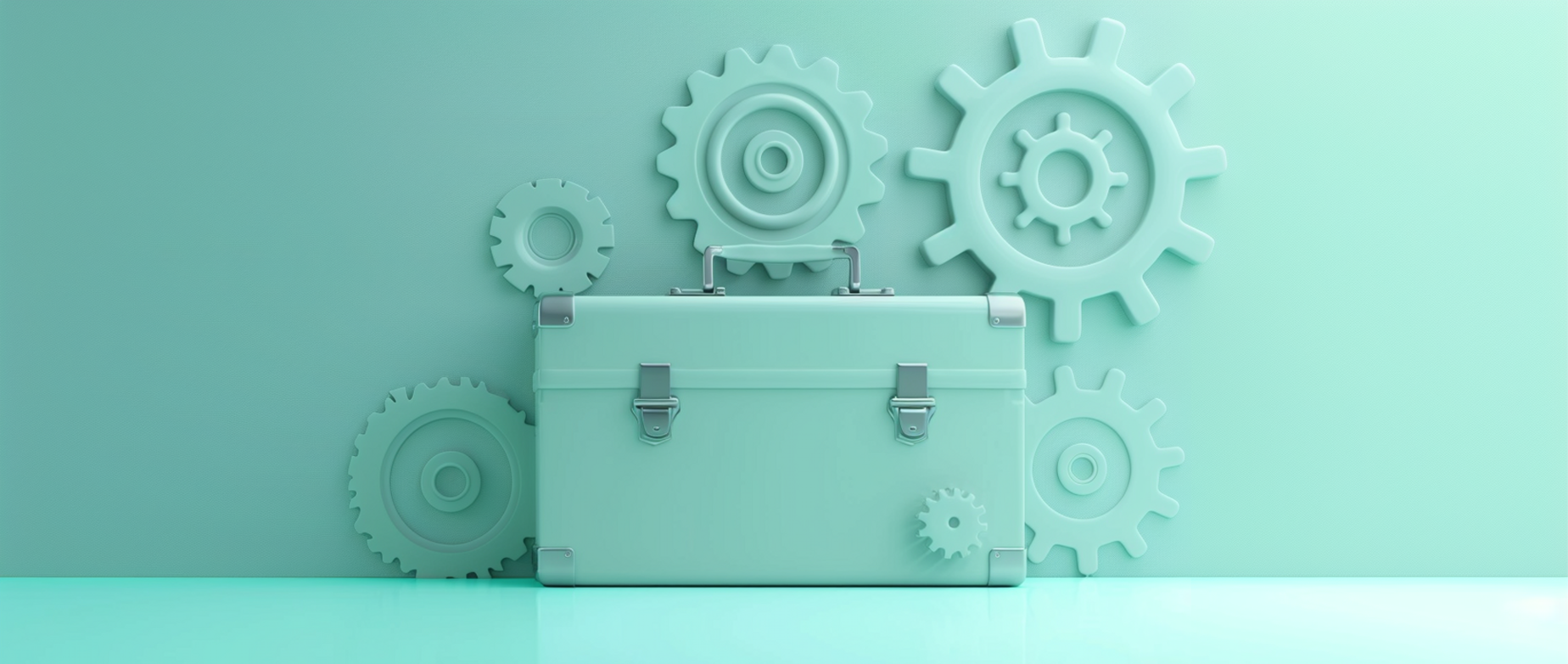 A tool box surrounded by mechanical wheels all on a green blue background.