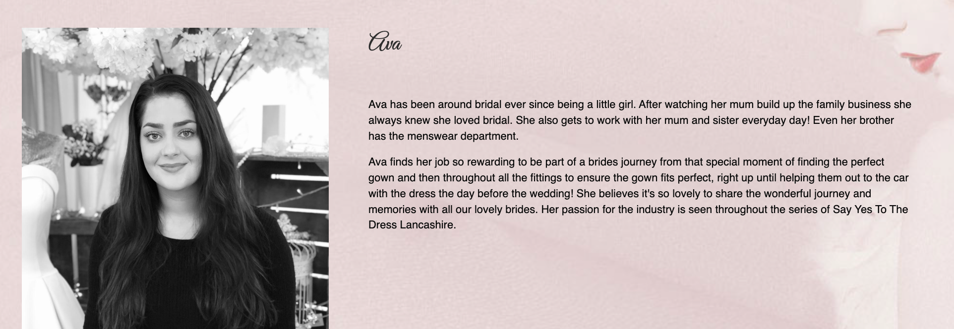 Black and white photo of a wedding dress stylist.
