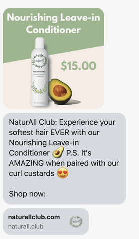 An SMS with an image of hair conditioner and an avocado suggests a product pairing.
