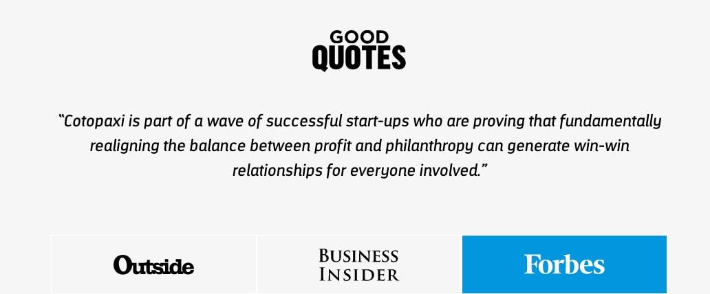 The Copaxi website featuring a quote from a media article, along with logos of Outside, Business Insider and Forbes publications below