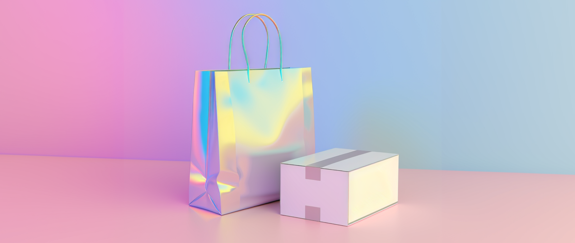 Silver gift bag next to a box on a pink and blue background: b2c to d2c