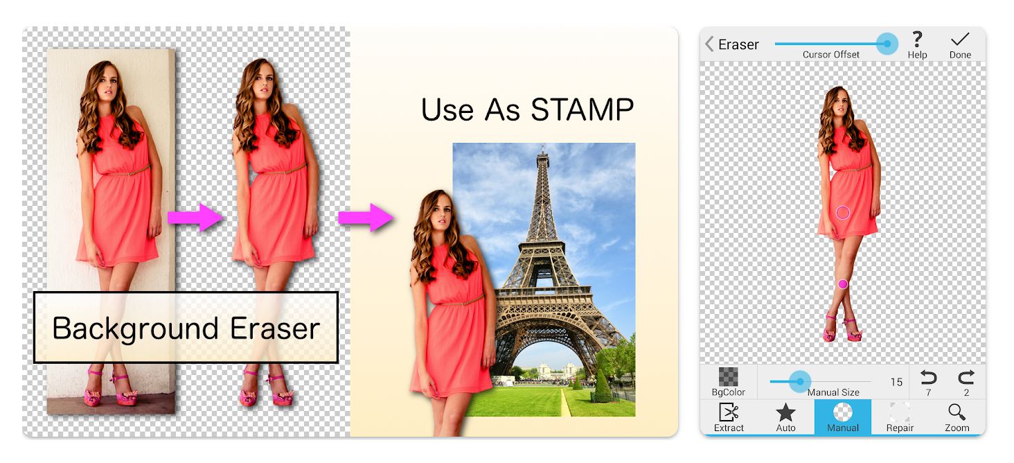 3 images showing how Background Eraser Android app uses stamps to replace backgrounds.