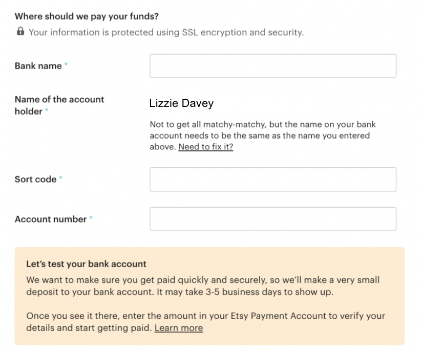 creenshot of where to enter your bank details to receive payments.