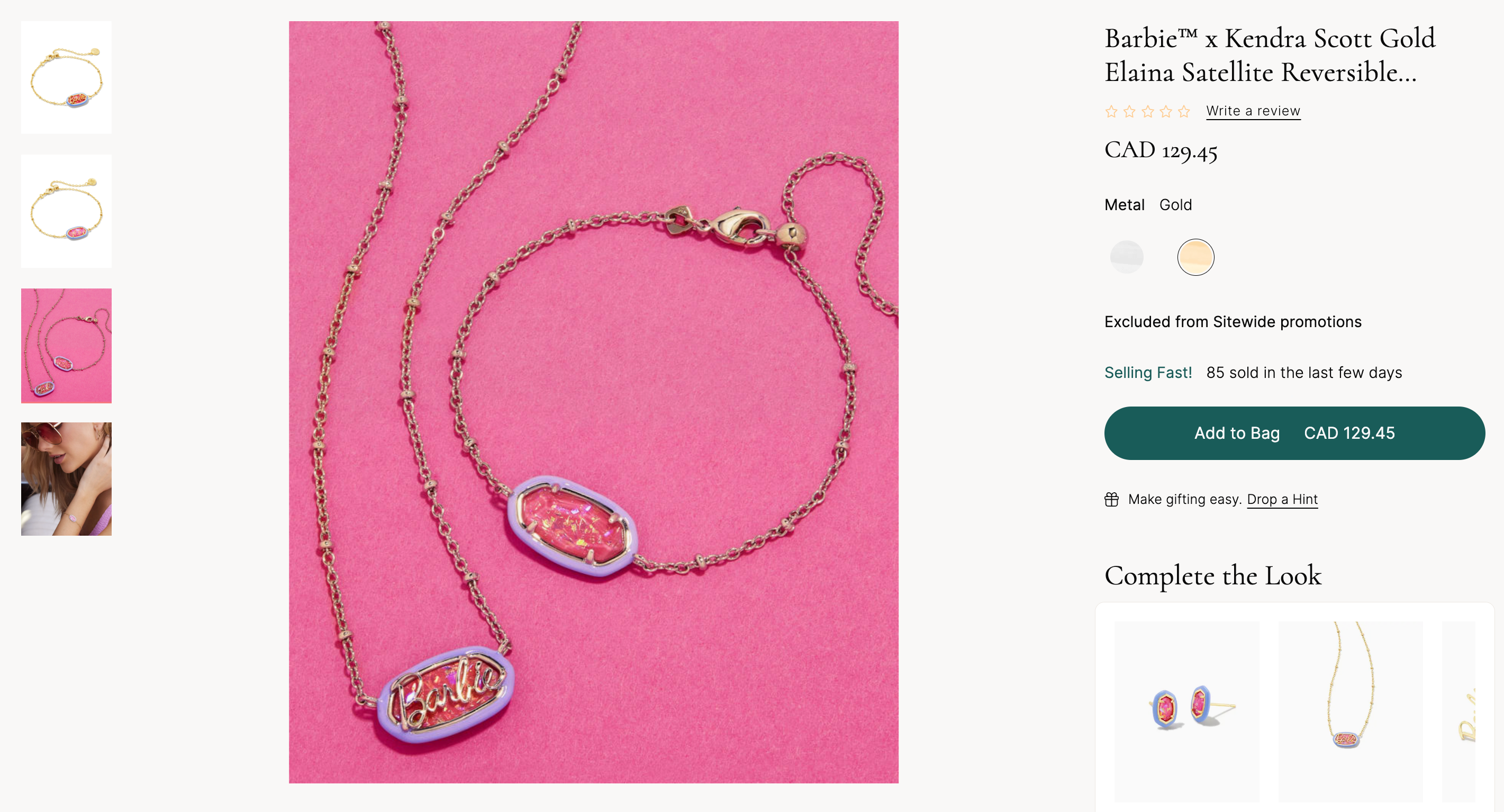 Ecommerce product page showing a jewelry collab between Barbie and Kendra Scott
