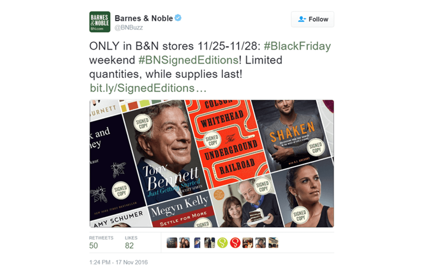 Screenshot of a Tweet announcing the launch of Barnes & Noble’s #BNSignedEditions campaign