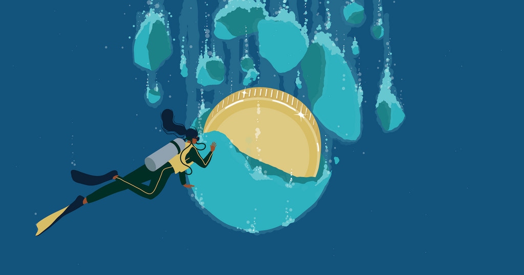 Illustration of a woman diver finding gold discovered hidden in a large bath bomb, showcasing how bath bombs are a popular (and profitable) product category