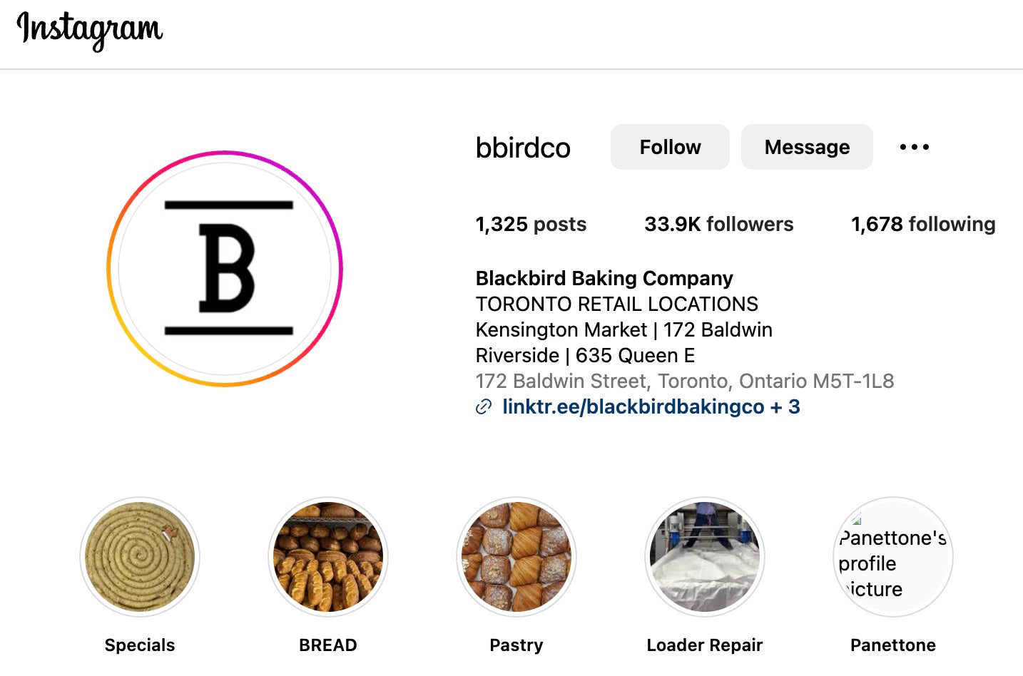 Blackbird Bakery's Instagram profile