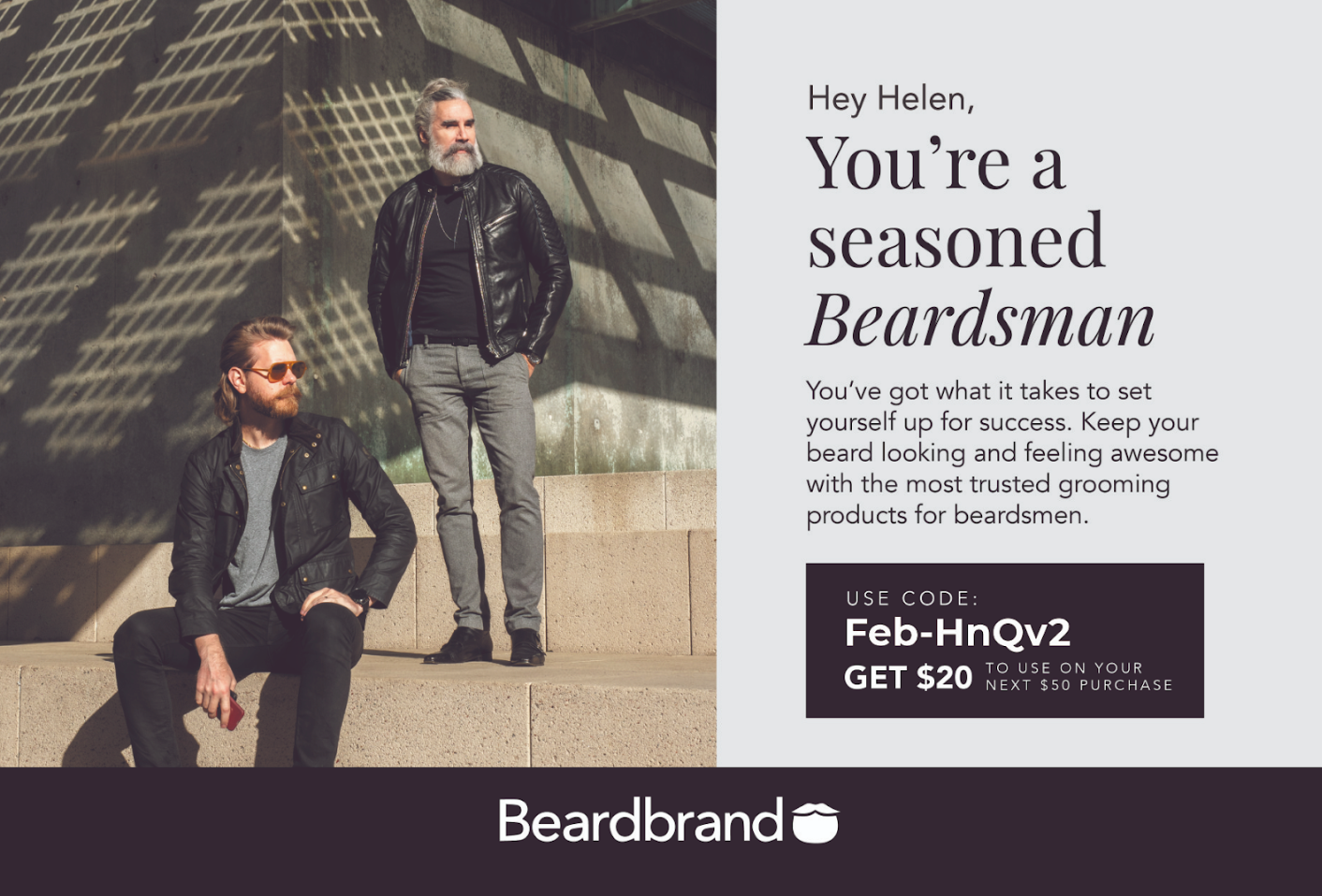 Beardbrand’s winter postcard with a promo code and two men sitting on steps