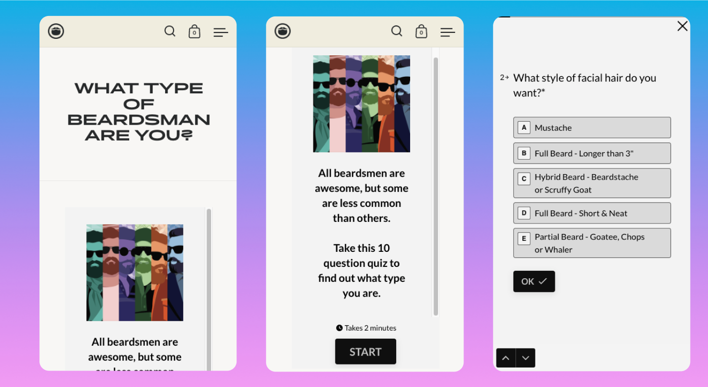 Three mobile interfaces with Beardbrand’s quiz: “What type of beardsman are you?”