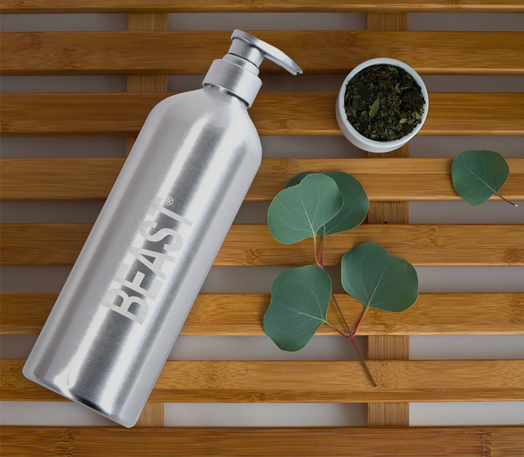 The reusable bottle by Beast made from recycled products.