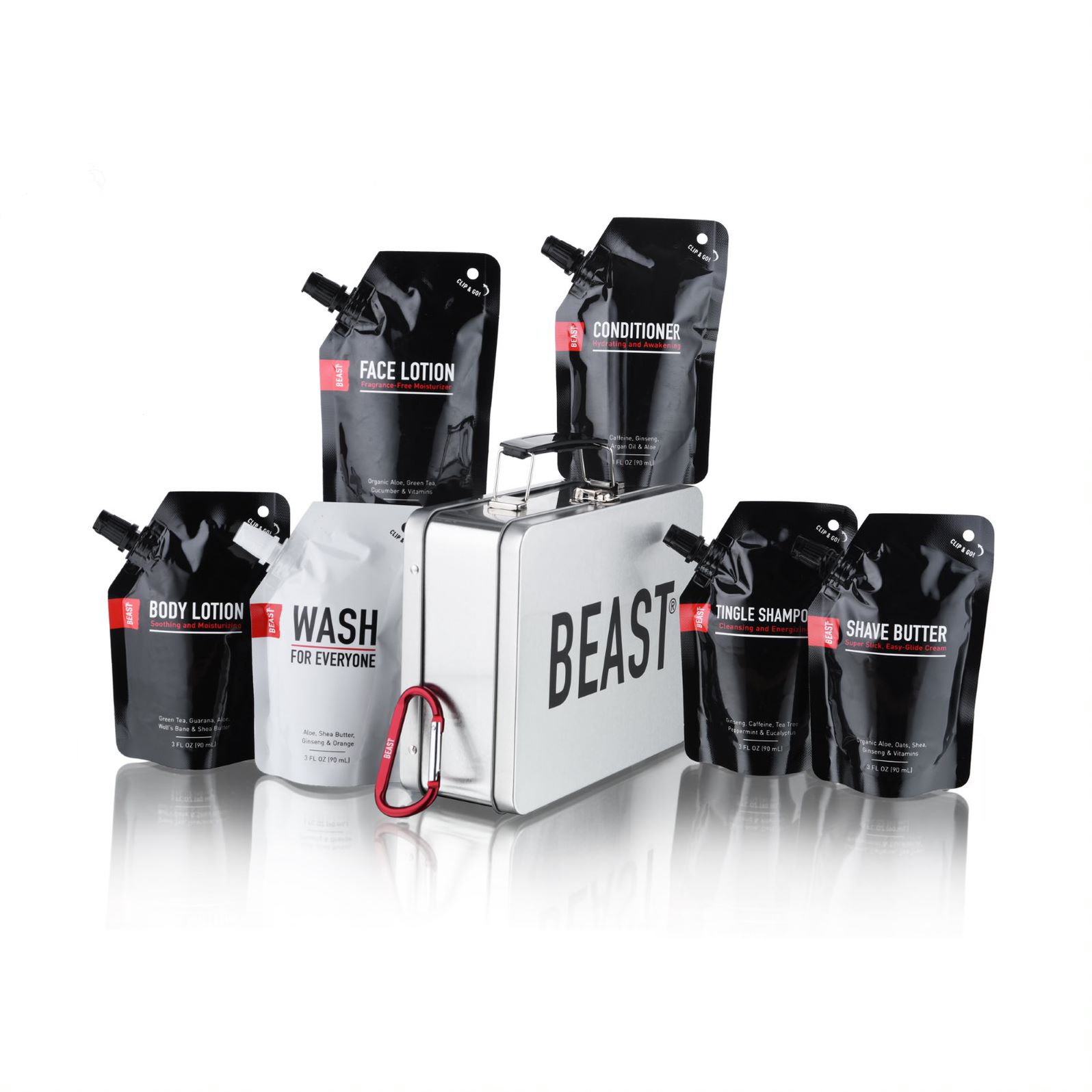 An array of Beast products in less waste packaging.