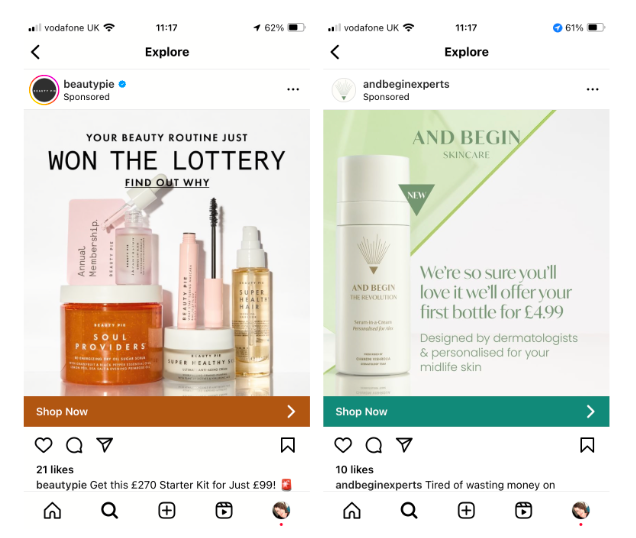 Instagram feed ads from Beauty Pie and And Begin Experts.