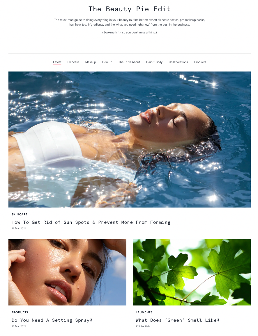 Beauty Pie’s onsite blog with images of a woman floating in water, a close-up of a woman’s face, and leaves.